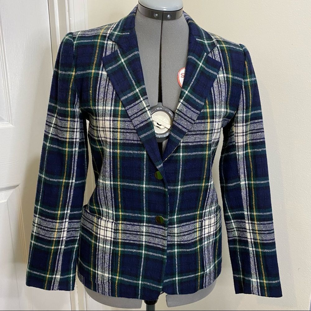 Vintage blue and green preppy twee plaid wool blazer S
